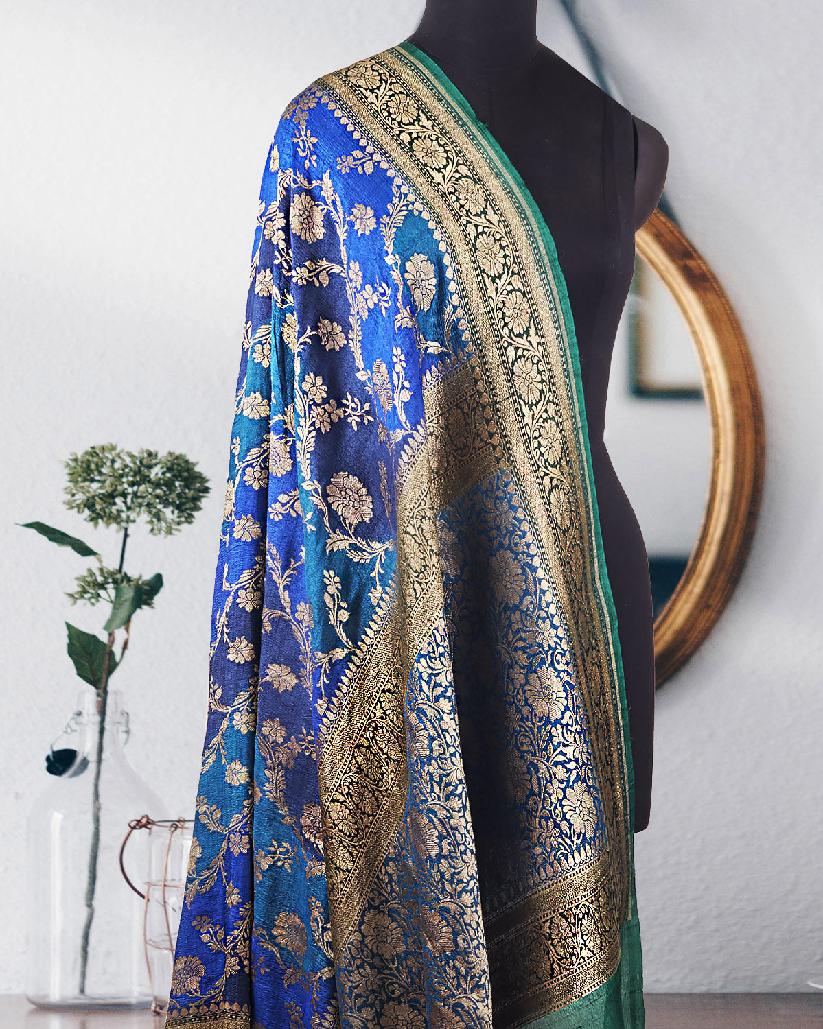 Nartakpriya peacock Blue and Green Rangkaat Tussar Georgette Saree