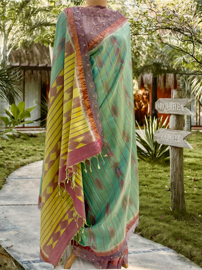 Yadadri Turquoise & Pink Patola Silk Saree