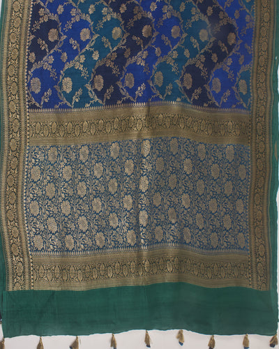 Nartakpriya peacock Blue and Green Rangkaat Tussar Georgette Saree