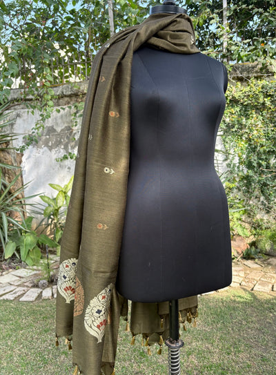 Firdaus Olive Green Matka Georgette Dupatta