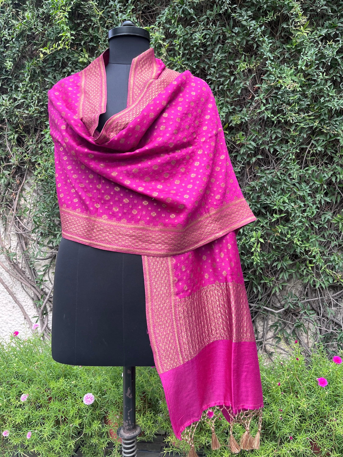 Rani Pink Bandhini Gharchola Printed Art Silk Crushed Dupatta