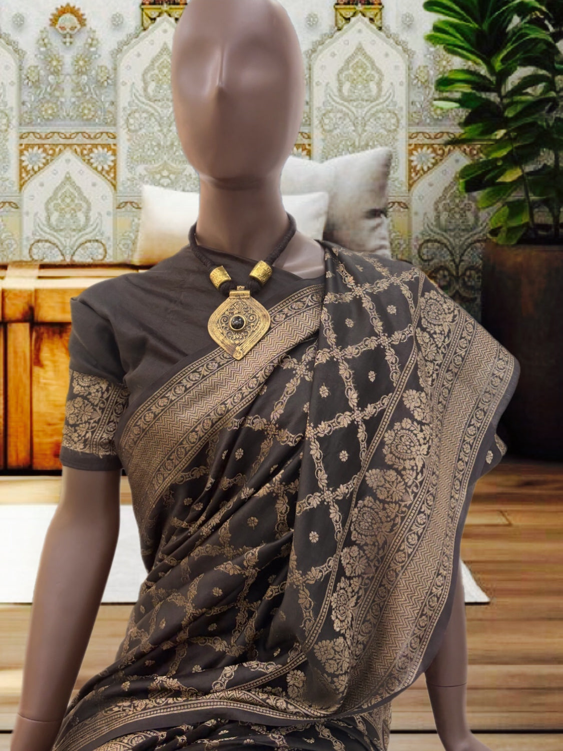 Kalbeliya Black Chinya Silk Saree