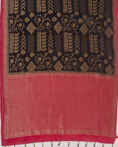 Ebony Black & Red Crepe Chinon Silk Saree