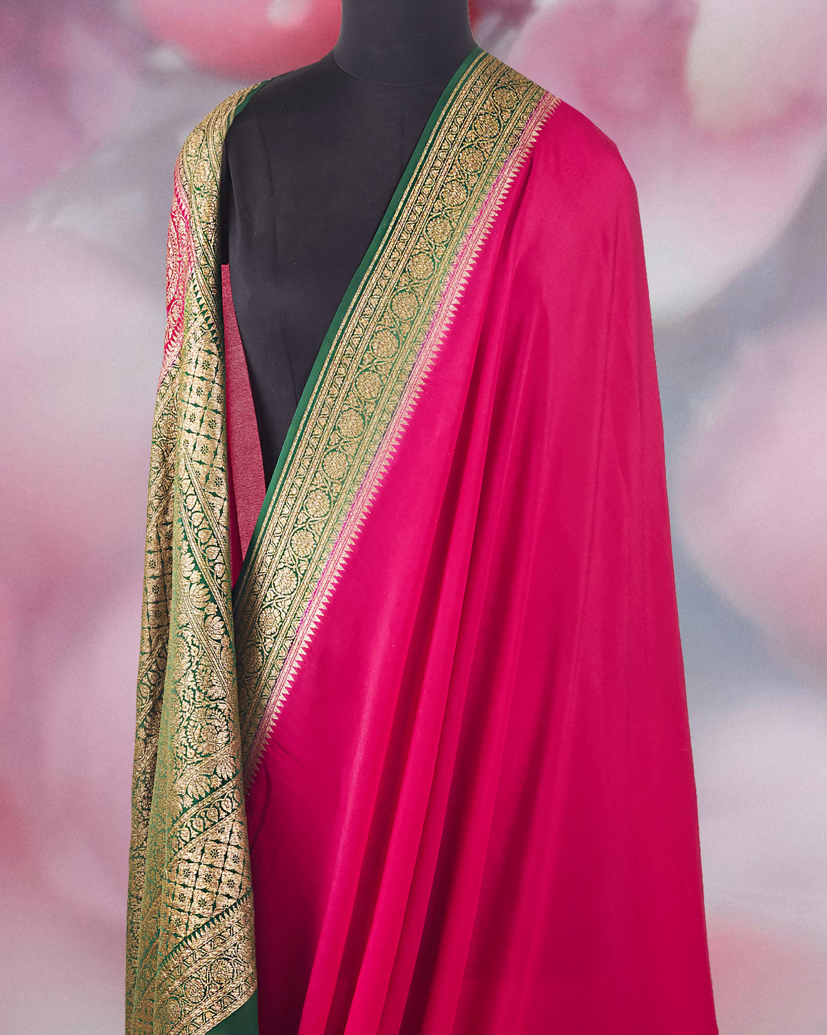 Vijayanagram Pink and Green Crepe Silk Saree