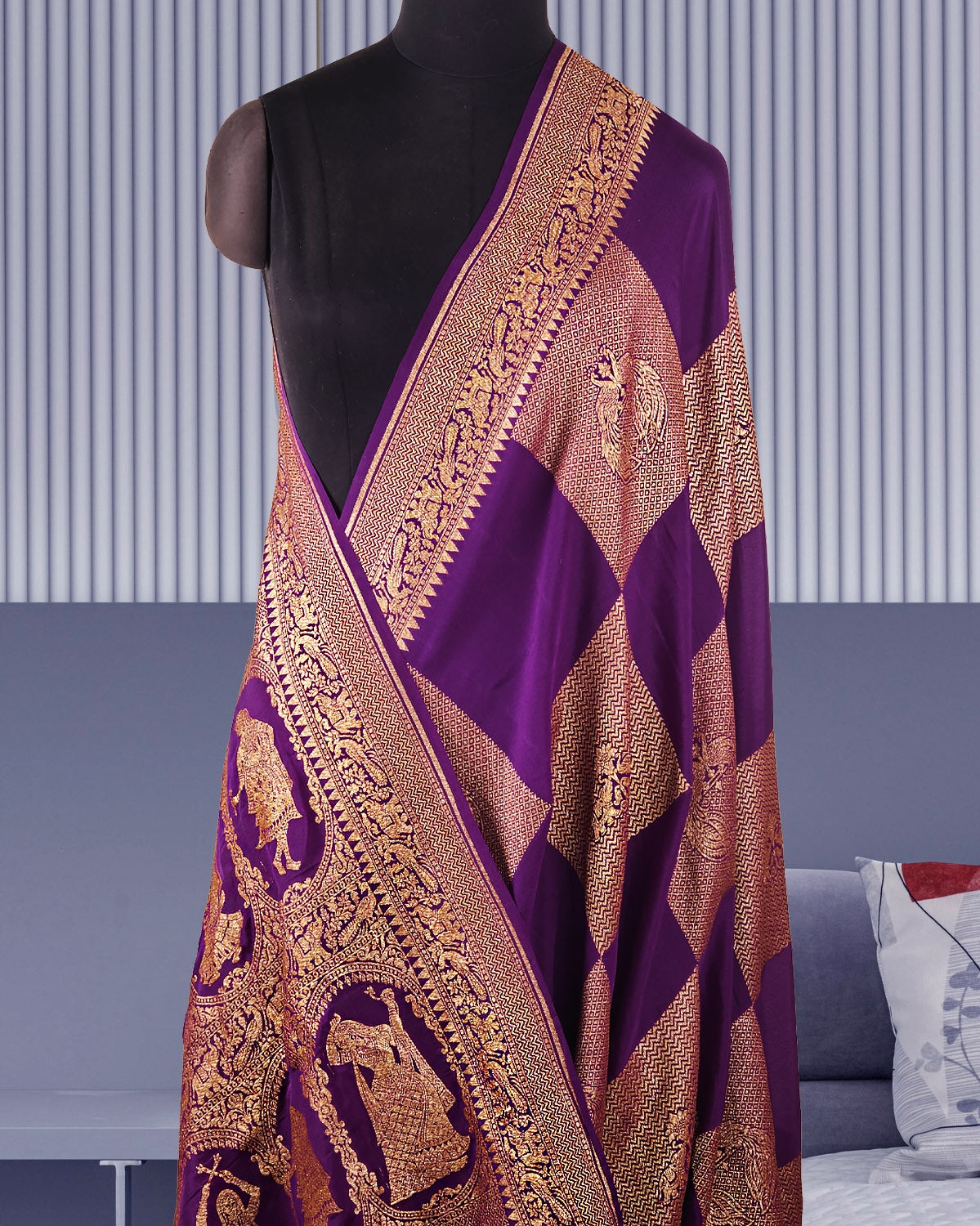 Nartaki Purple Crepe de chine Sari