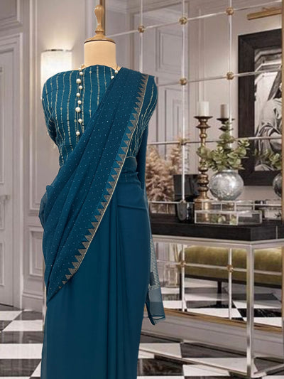 Celine Peacock Blue Swarovski Chiffon Saree