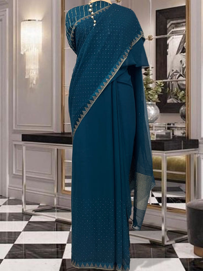 Celine Peacock Blue Swarovski Chiffon Saree