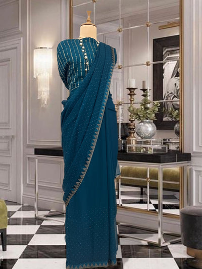 Celine Peacock Blue Swarovski Chiffon Saree