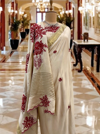 Cheherazad Ivory Satin Silk Saree