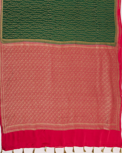 Flaming Forest Green & Red Khaddi Georgette Sari