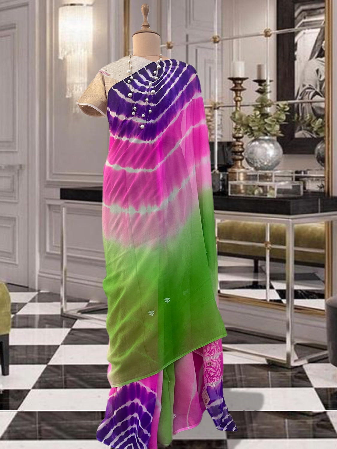 Chrysalis Green & Purple Leheriya Chiffon Sari