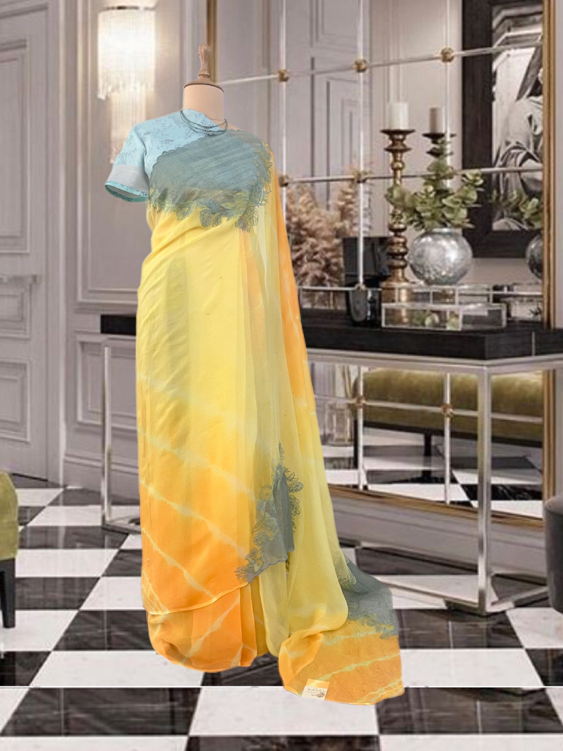 Renee Yellow & Blue Leheriya Chiffon Sari