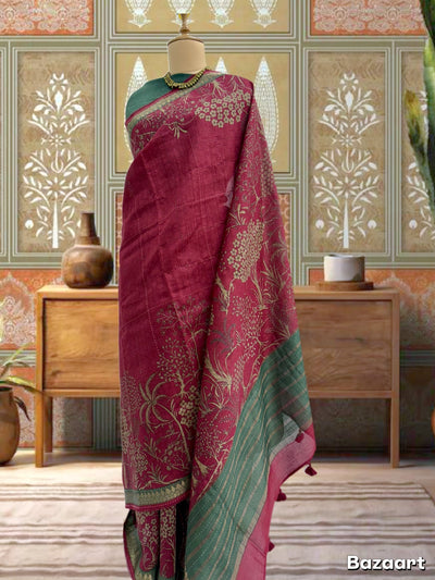 Mrinalini Maroon Moonga Cotton Printed Saree