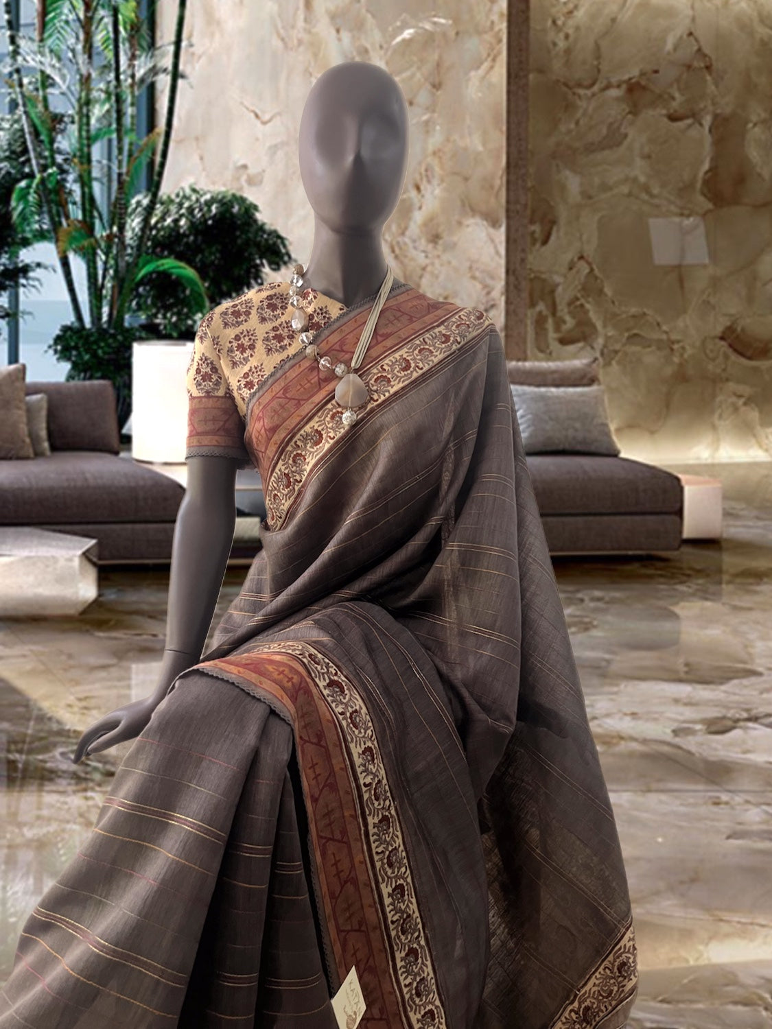 Damyanti Grey Moonga Cotton Saree