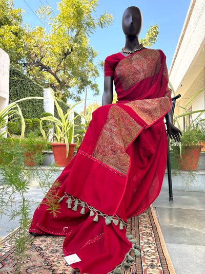 Shalimar Red Pashmina Kashmiri Jamawar Saree