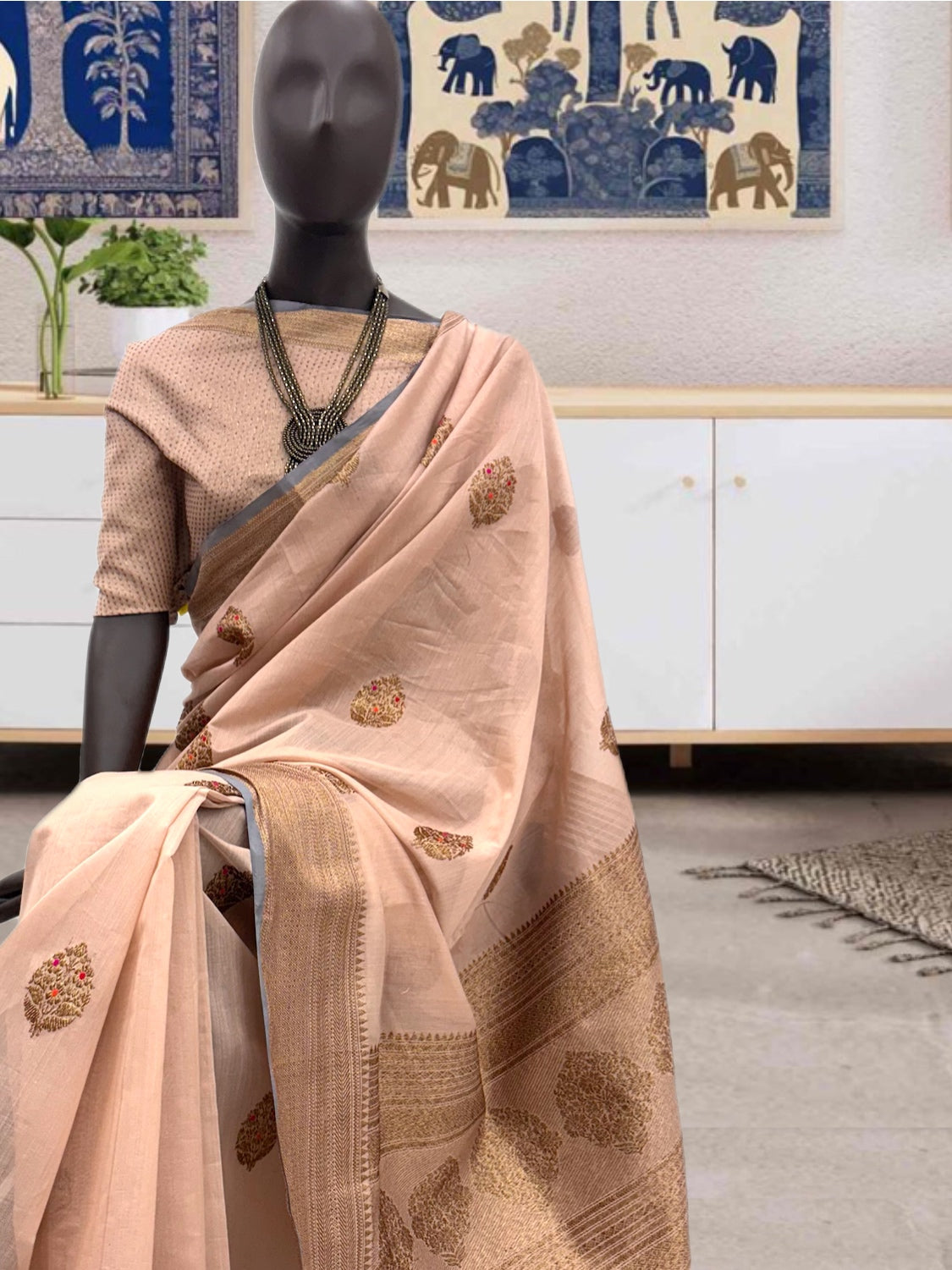 Elegance Peach Cotton Booti Saree