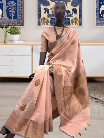 Elegance Peach Cotton Booti Saree