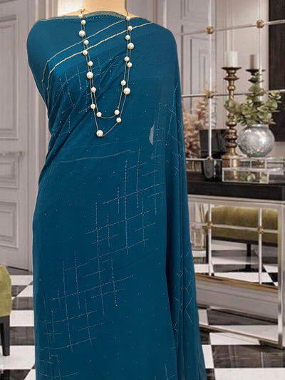 Sophia Teal Blue Swarovski Chiffon Sari