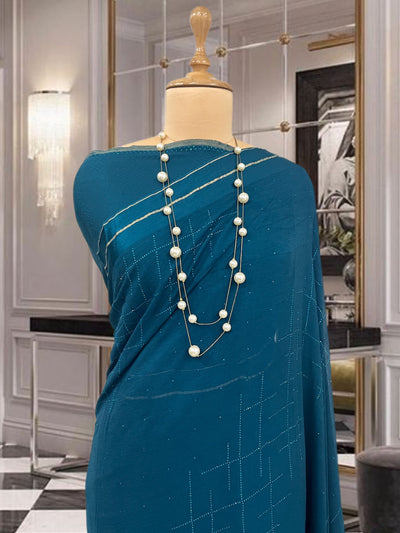 Sophia Teal Blue Swarovski Chiffon Sari