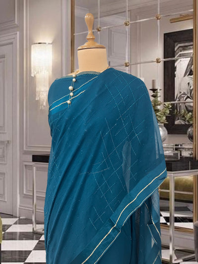 Sophia Teal Blue Swarovski Chiffon Sari