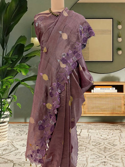 Gooseberry Brown Embroidered Tissue Sari