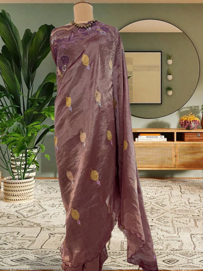 Gooseberry Brown Embroidered Tissue Sari