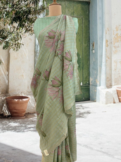 Swirling Lotus Green Embroidered Saree