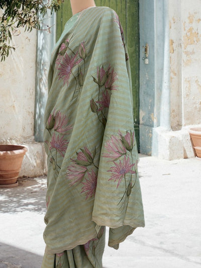 Swirling Lotus Green Embroidered Saree