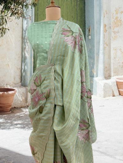 Swirling Lotus Green Embroidered Saree