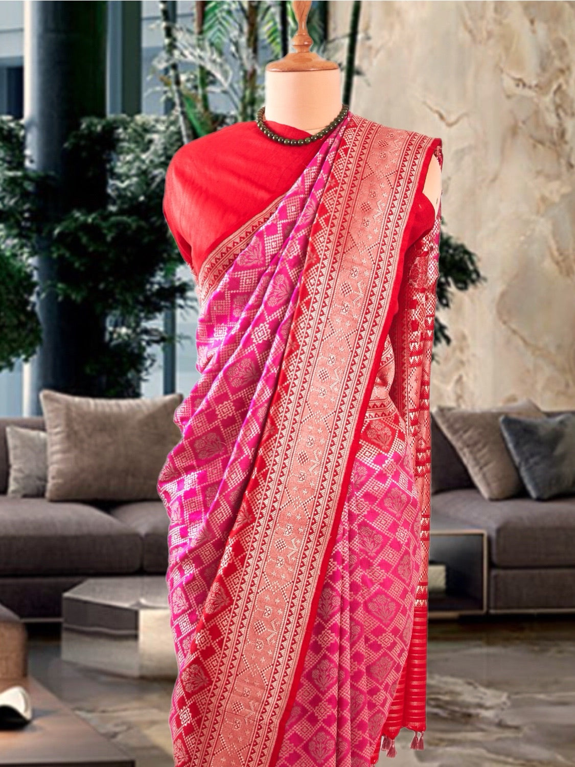 Yashodhara Rani Pink & Red Moonga Silk Saree