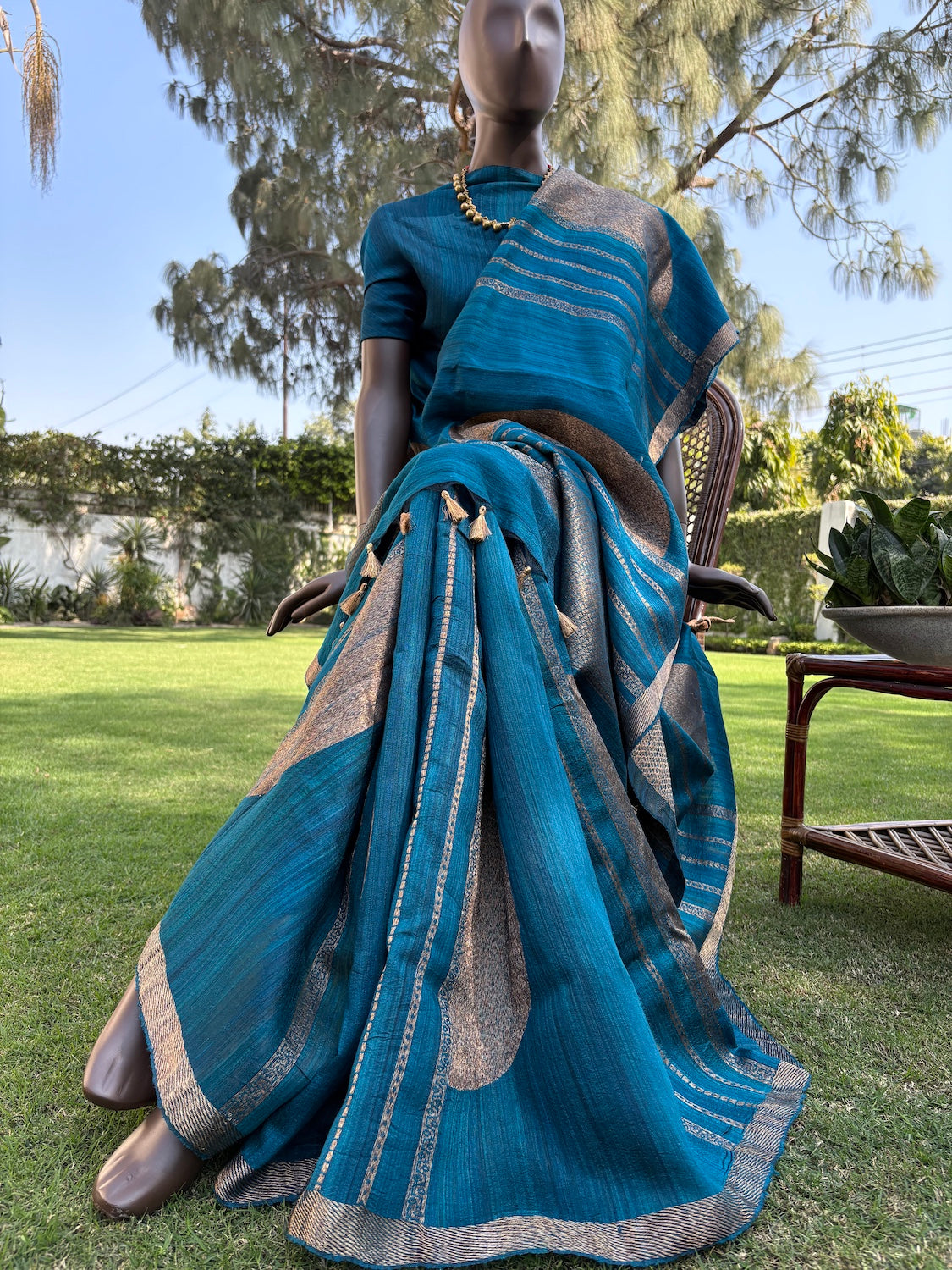 Ardha Chandra Teal Blue Raw Silk Saree