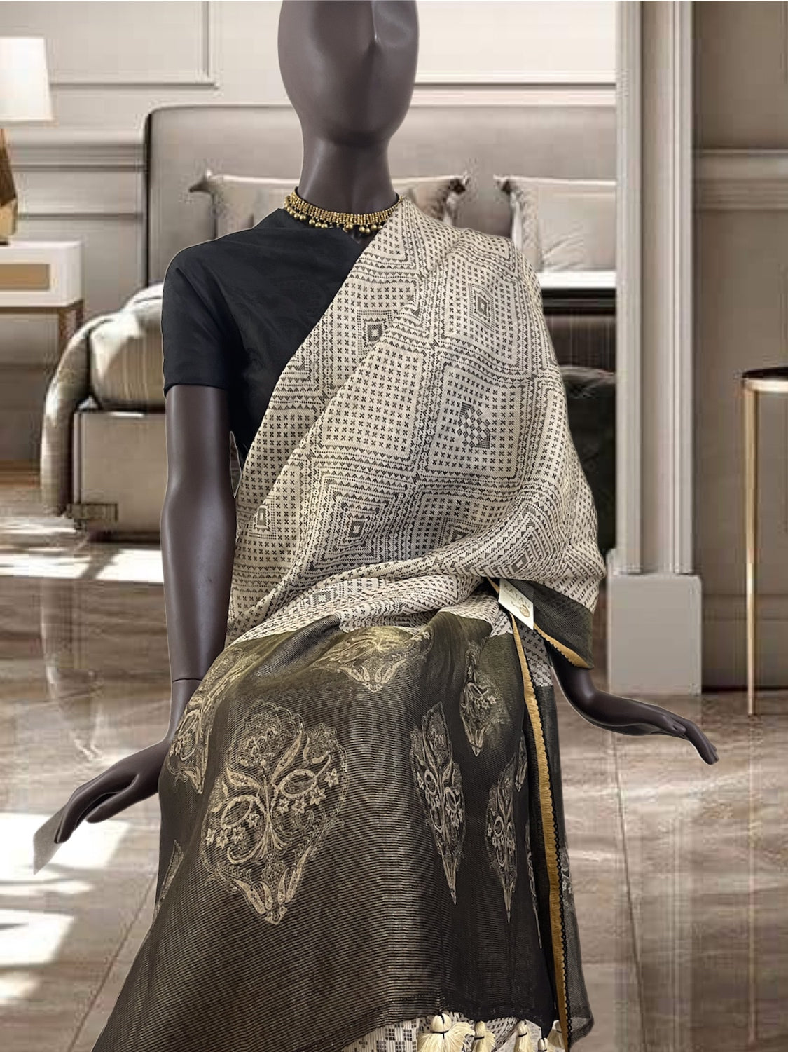 Havelock White & Charcoal Grey Cotton Tissue Saree