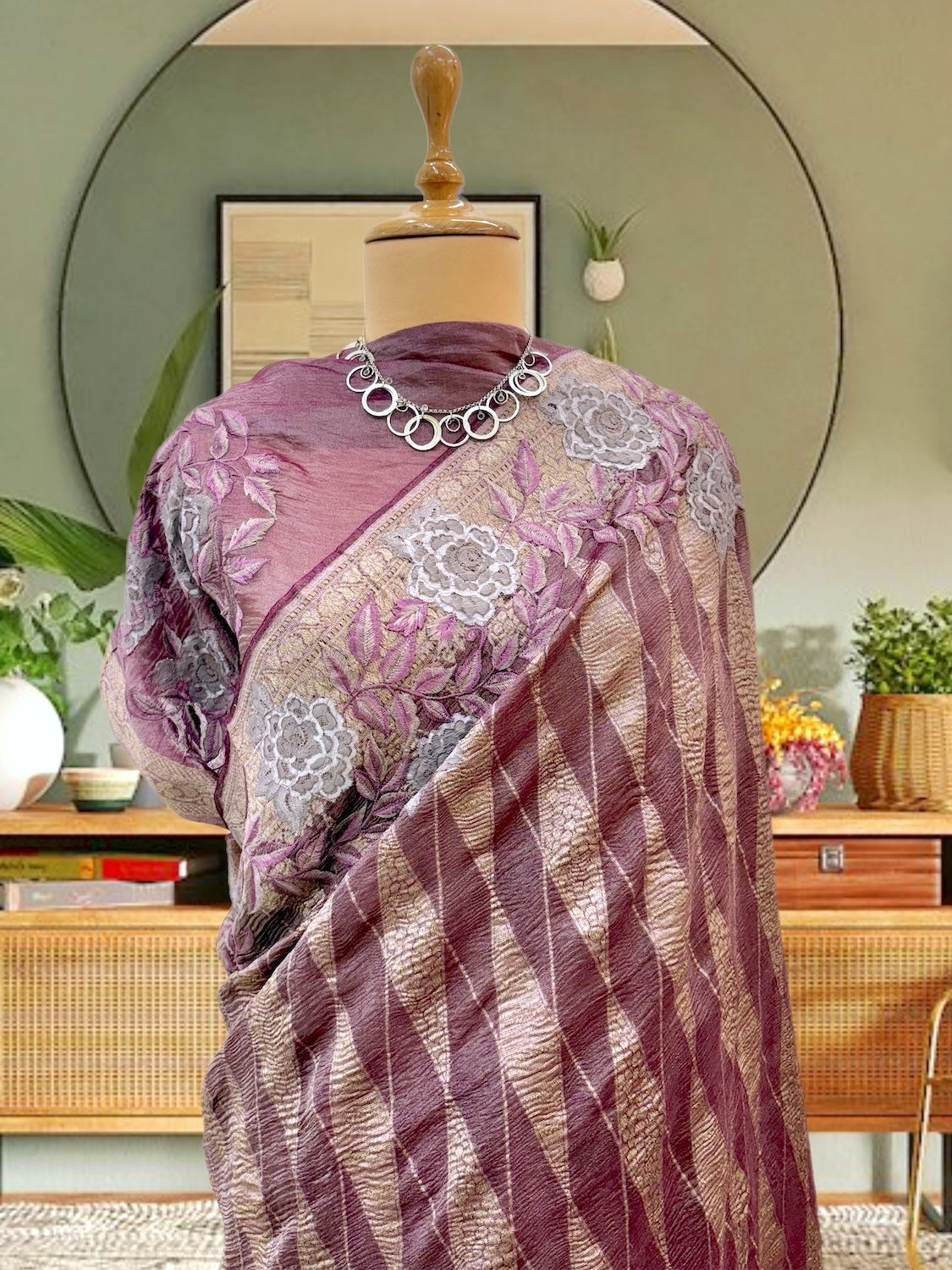 Sangria Wine Crinkled embroidery Sari