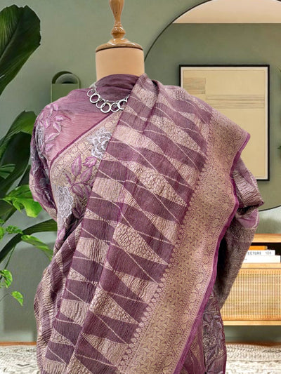 Sangria Wine Crinkled embroidery Sari