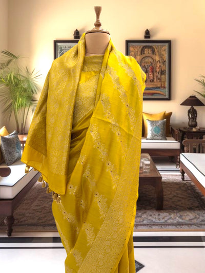 Triveni Yellow Chinya Silk Saree